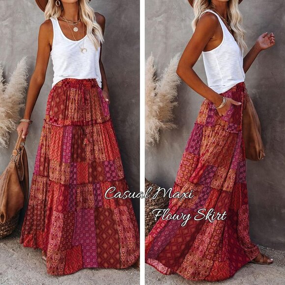 Chic Women's High Waist Tie Maxi Skirt - Flowy Floral with Practical Pockets - Picture 3 of 7